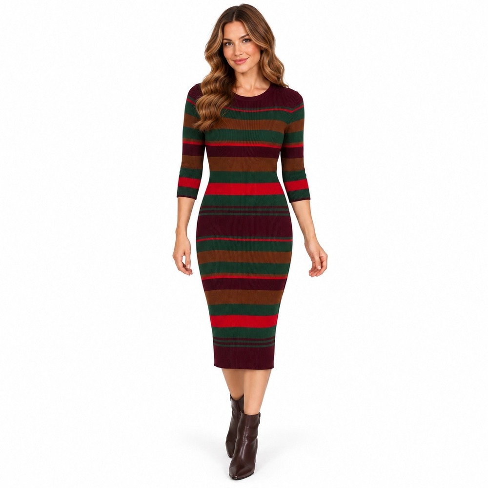 Sweet Rain Ribbed Striped Midi Dress Womens Size M Burgundy Green Brown Knit
